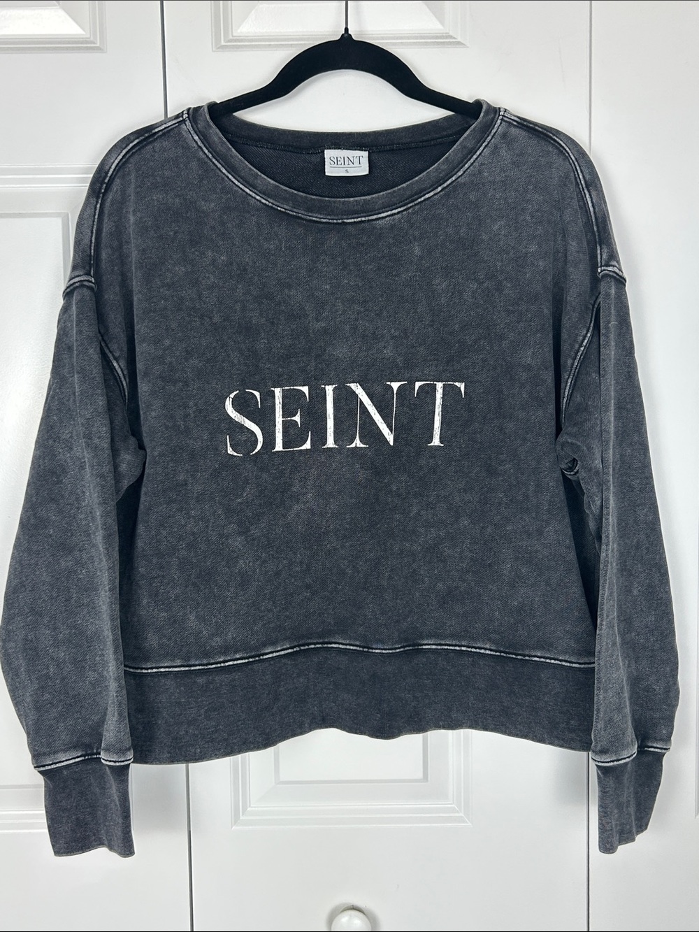 SEINT Washed Black Logo Crewneck Sweatshirt - Women's Pullover Size Small